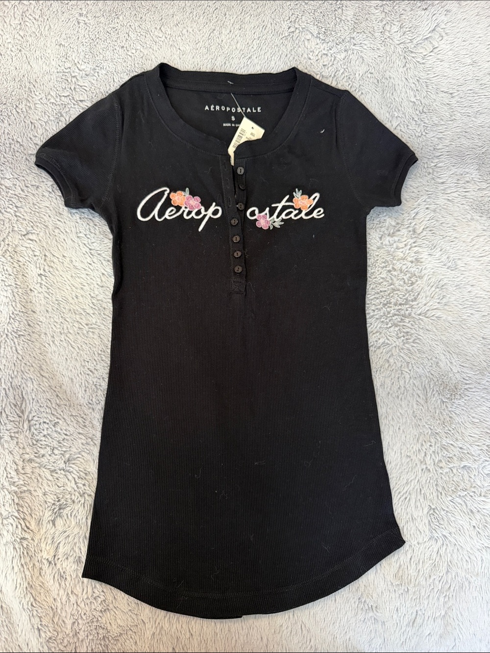 Aeropostale Black Short-Sleeve Henley with Floral Script